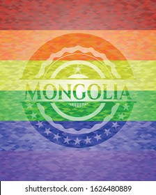 Mongolia emblem on mosaic background with the colors of the LGBT flag