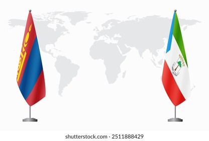 Las banderas de Mongolia y Guinea Ecuatorial para la reunión oficial en el contexto del mapa mundial.