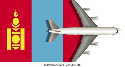 Mongolia flag with an airplane flying over it close up. Vector image.
