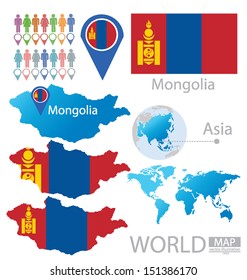 Mongolia. flag. Asia. World Map. vector Illustration.