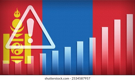 Mongolia flag with burlap texture, warning sign, and rising bar chart symbolizing increasing risk or growth challenges in the country. Ideal for data presentations.