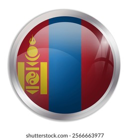 Mongolia flag - glossy circle button displays a colorful flag representing a country cultural identity and heritage. The essence of national pride and unity.