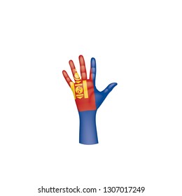 Mongolia flag and hand on white background. Vector illustration