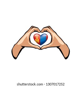 Mongolia flag and hand on white background. Vector illustration