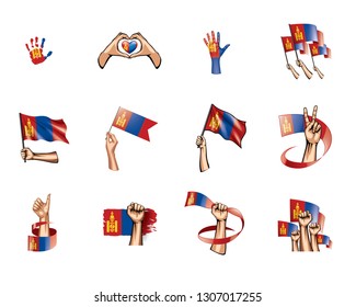 Mongolia flag and hand on white background. Vector illustration
