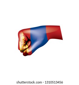 Mongolia flag and hand on white background. Vector illustration