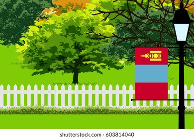 Mongolia Flag, Landscape of Park, Trees, Fence wooden and Street light Vector Illustration 