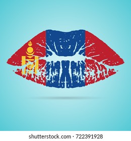 Mongolia Flag Lipstick On The Lips Isolated On A White Background. Vector Illustration. Kiss Mark In Official Colors And Proportions. Independence Day