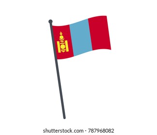 Mongolia flag. The national flag of Mongolia on a pole. The waving flag. The sign and symbol of the country. Realistic vector on white.