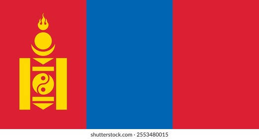 Mongolia flag in official colors, dimensions and aspect ratio. Vector flag symbolizing national pride, identity, heritage, patriotism and authority