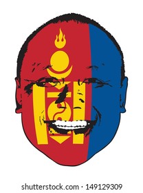 A Mongolia flag on a face, isolated against white. 