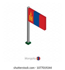 Mongolia Flag on Flagpole in Isometric dimension. Isometric blue background. Vector illustration.