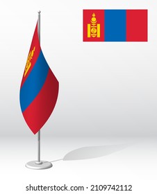 MONGOLIA flag on flagpole for registration of solemn event, meeting foreign guests. National independence day of MONGOLIA. Realistic 3D vector on white
