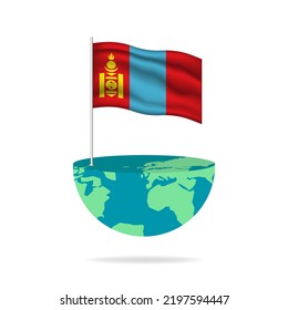 Mongolia flag pole on globe. Flag waving around the world. Easy editing and vector in groups. National flag vector illustration on white background.