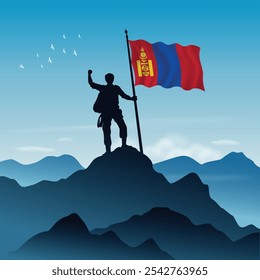 Mongólia Bandeira levantada em um pico de montanha com céu claro no fundo, ilustração vetorial
