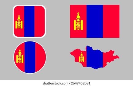 Mongolia flag set of icons. A set of flags in square, rectangular, map, and round shapes. Flag icon.