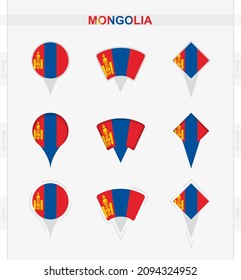 Mongolia flag, set of location pin icons of Mongolia flag. Vector illustration of national symbols.