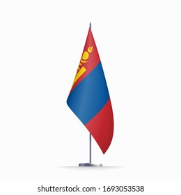 Símbolo del estado de la bandera de Mongolia aislado en una bandera nacional de fondo. Tarjeta de saludo Día de la Independencia Nacional de la República de Mongolia. Cartel de ilustración con una bandera de estado realista.