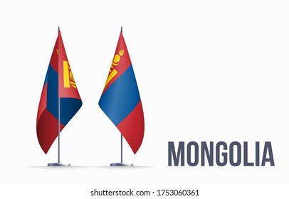 Mongolia flag state symbol isolated on background national banner. Greeting card National Independence Day of the Republic of Mongolia. Illustration banner with realistic state flag.