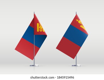 Mongolia flag state symbol isolated on background national banner. Greeting card National Independence Day of the Republic of Mongolia. Illustration banner with realistic state flag.