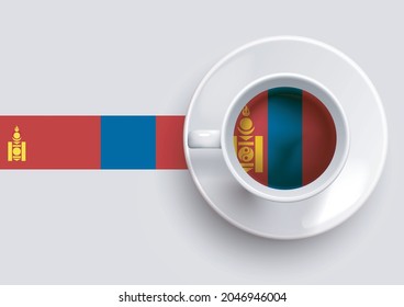 Mongolia flag with a tasty coffee cup on top view and a gradient background. Hot beverage with Mongolia flag, vector illustration.