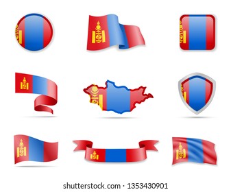 Mongolia flags collection. Flags and outline of the country vector illustration set