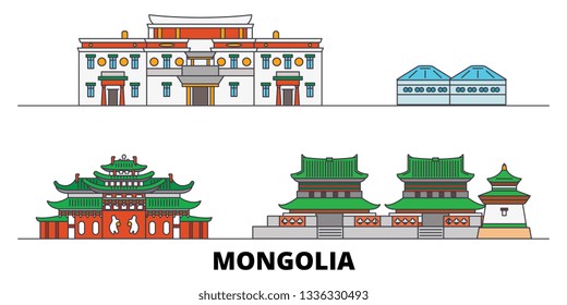 Mongolia flat landmarks vector illustration. Mongolia line city with famous travel sights, skyline, design. 