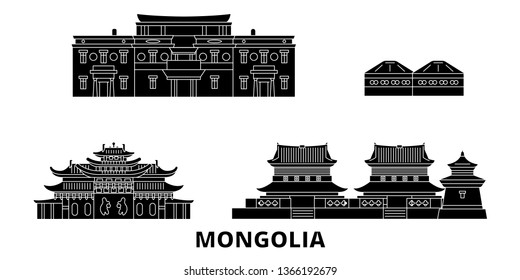 Mongolia flat travel skyline set. Mongolia black city vector illustration, symbol, travel sights, landmarks.