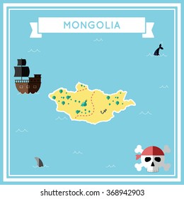 Mongolia flat treasure map. Colorful cartoon treasure map of Mongolia with flat icons of pirate ship, jolly roger, treasure chest and banner ribbon. Flat design vector illustration.
