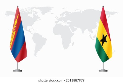 Bandeiras da Mongólia e Gana para reunião oficial em segundo plano do mapa do mundo.