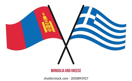 Mongolia and Greece Flags Crossed And Waving Flat Style. Official Proportion. Correct Colors.