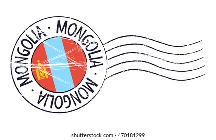 Mongolia grunge postal stamp and flag on white background