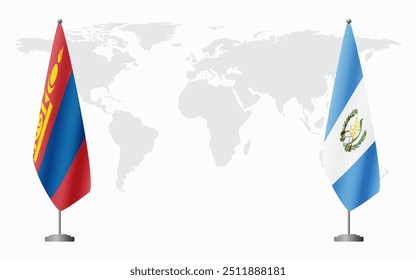 Bandeiras da Mongólia e da Guatemala para encontro oficial contra o fundo do mapa do mundo.