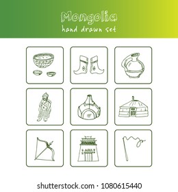 Mongolia hand drawn doodle set. Sketches. Vector illustration for design and packages product. Symbol collection.
