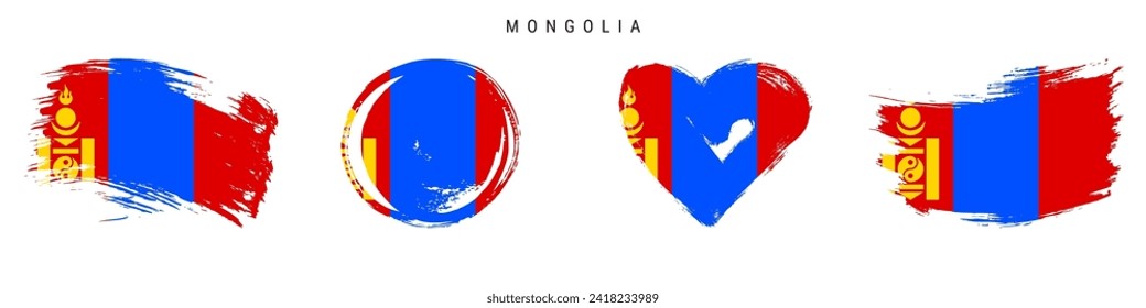 Mongolia hand drawn grunge style flag icon set. Mongolian banner in official colors. Free brush stroke shape, circle and heart-shaped. Flat vector illustration isolated on white.