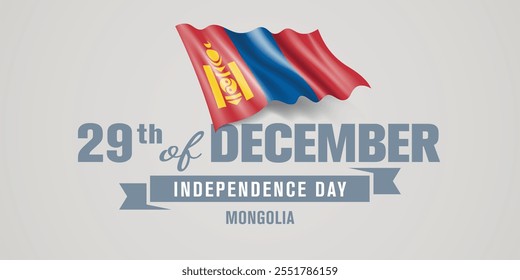 Mongolia happy independence day greeting card, banner vector illustration. Mongolian national holiday 29th of December design element with realistic flag