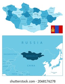 Mongolia - mapa azul altamente detallado. Ilustración del vector