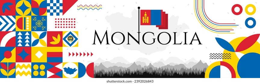Mongolia Independence Day banner with name and map. Flag color themed Geometric abstract retro modern Design. Red, White and black color vector illustration template graphic design.