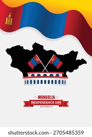 Anuncio del mapa de la celebración del Día de la Independencia de Mongolia con la cinta y los símbolos nacionales