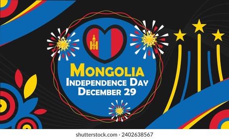 Mongolia Independence Day Vektorbanner-Design mit geometrischen Formen und lebhaften Farben auf horizontalem Hintergrund. Alles Gute zum Mongolei Unabhängigkeitstag Modernes Minimalposter.