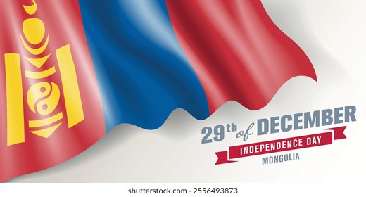 Mongolia independence day vector banner, greeting card. Mongolian wavy flag in 29th of December national patriotic holiday horizontal design