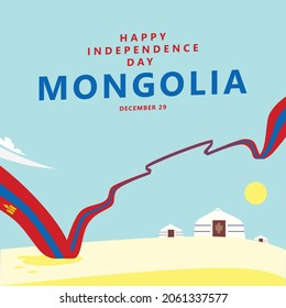 Mongolia independence day vector illustration with a long flag and yurts within sand desert scenery. Asian country public holiday.