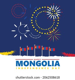 Mongolia independence day vector illustration with its national flags and fireworks. Asian country public holiday.