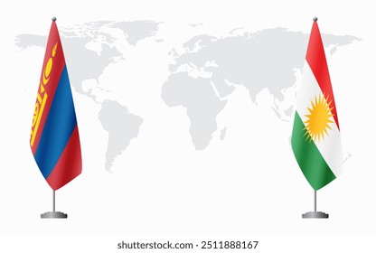 Mongolia and Kurdistan flags for official meeting against background of world map.