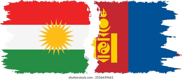 Mongolia and  Kurdistan grunge flags connection, vector