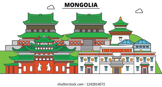 Mongolia line skyline vector illustration. Mongolia linear cityscape with famous landmarks, city sights, vector, design landscape.