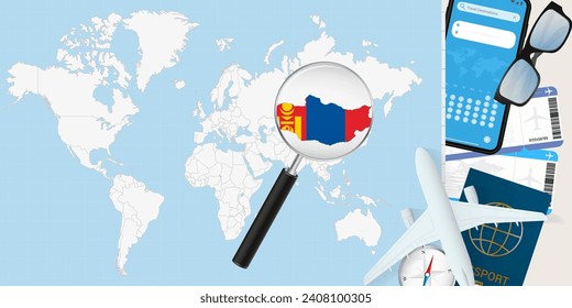 Mongolia se magnifica sobre un Mapa Mundial, ilustración con avión, pasaporte, tarjeta de embarque, brújula y lentes. Ilustración vectorial.