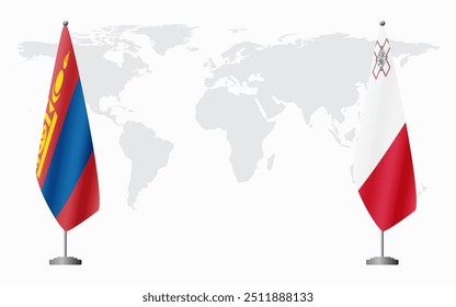 Mongolia and Malta flags for official meeting against background of world map.