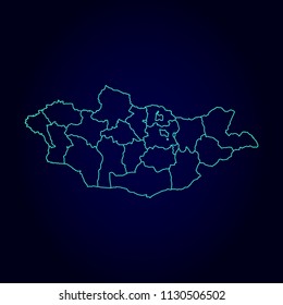 Mongolia map: blue glitter outline with sparkling stars on dark background. Detailed map of Mongolia. Vector illustration.