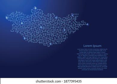 Mongolia map from blue pattern of the maze grid and glowing space stars grid. Vector illustration.